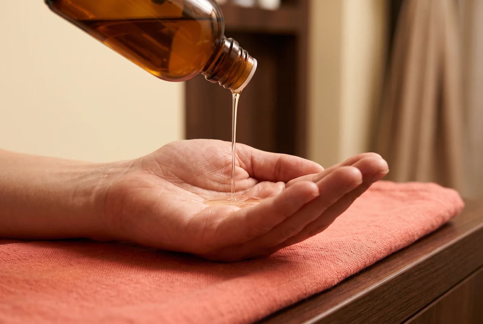 Clear massage oil poured from an amber bottle into an open palm