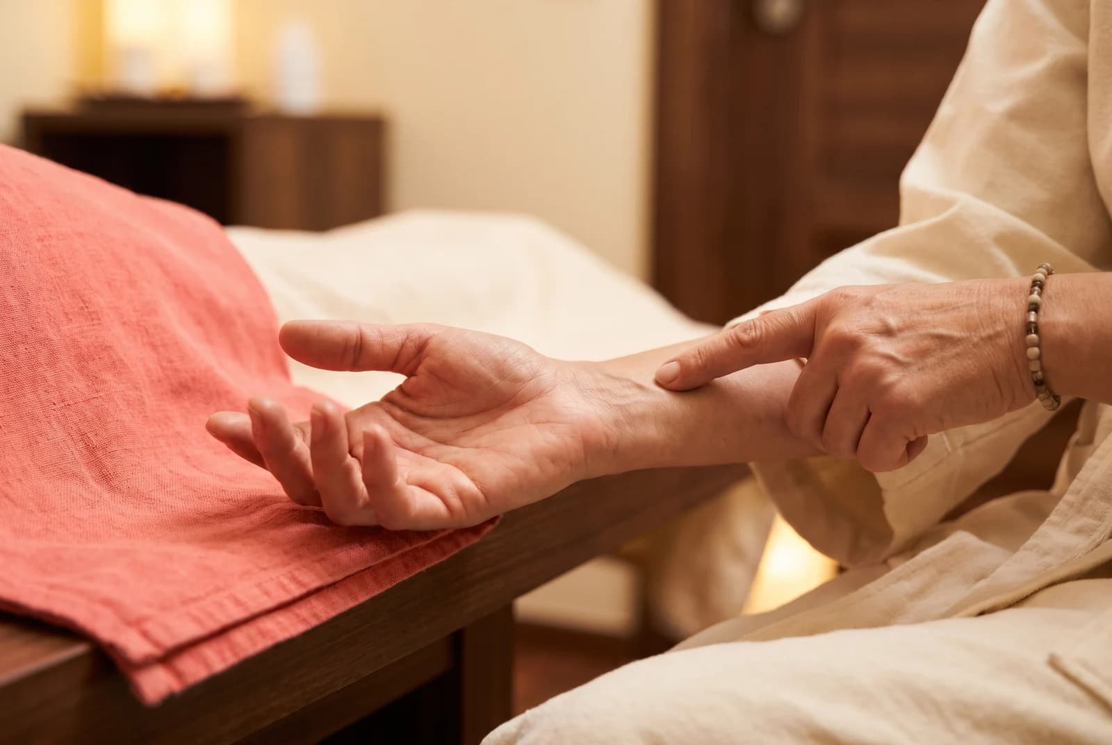 Hands discussing a forearm focus during a spa consultation
