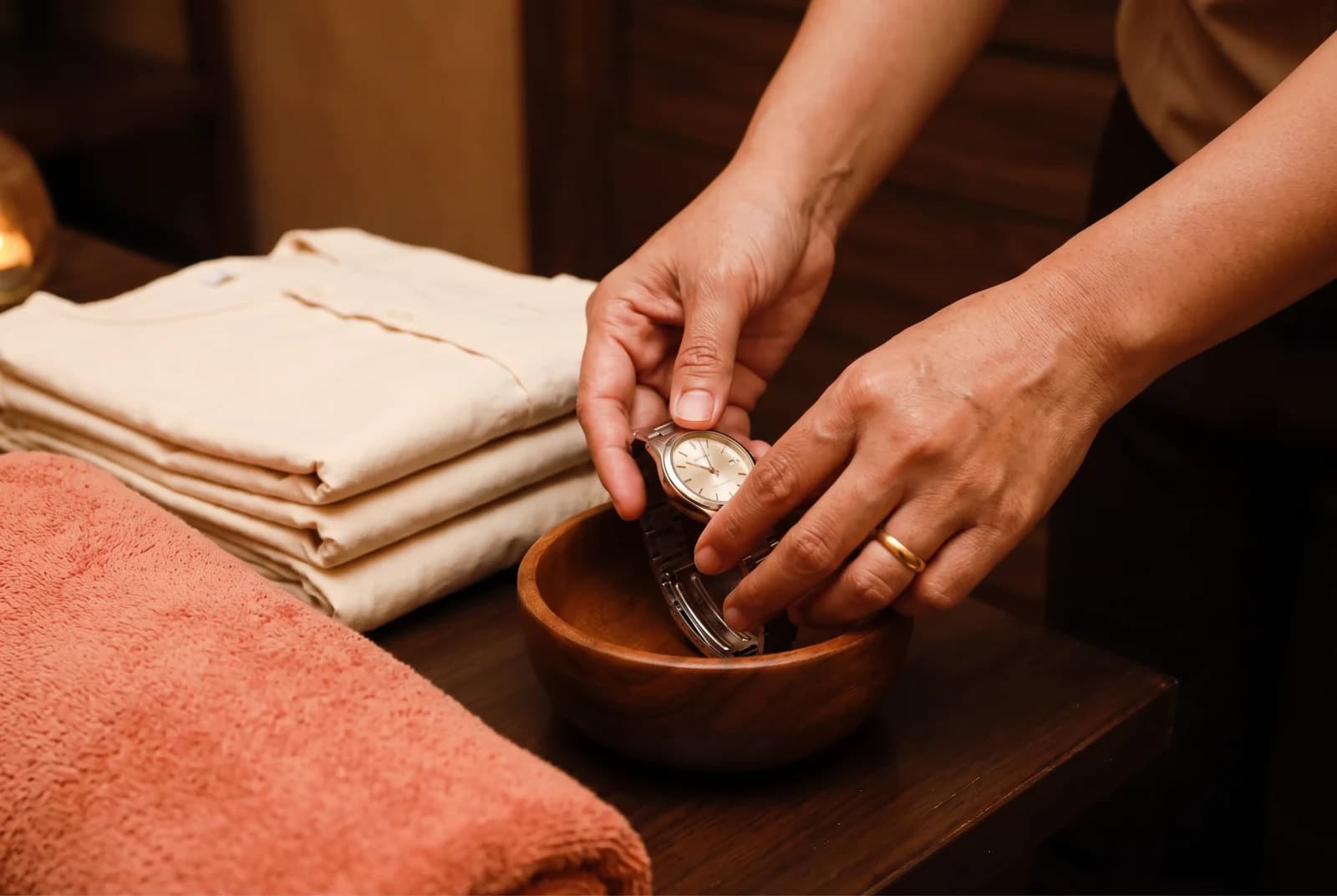 Hands placing a watch in a bowl beside folded massage clothing