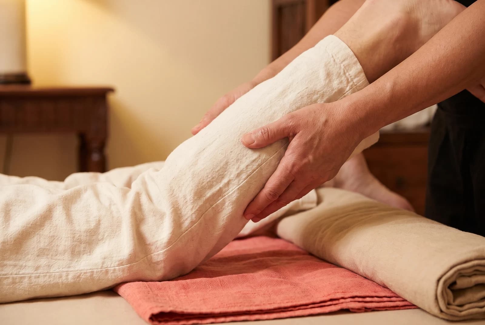 Hands supporting a clothed lower leg during a gentle stretch